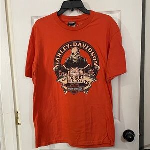 Harley-Davidson Bold Orange Skull Tee "Live to ride...". Size L